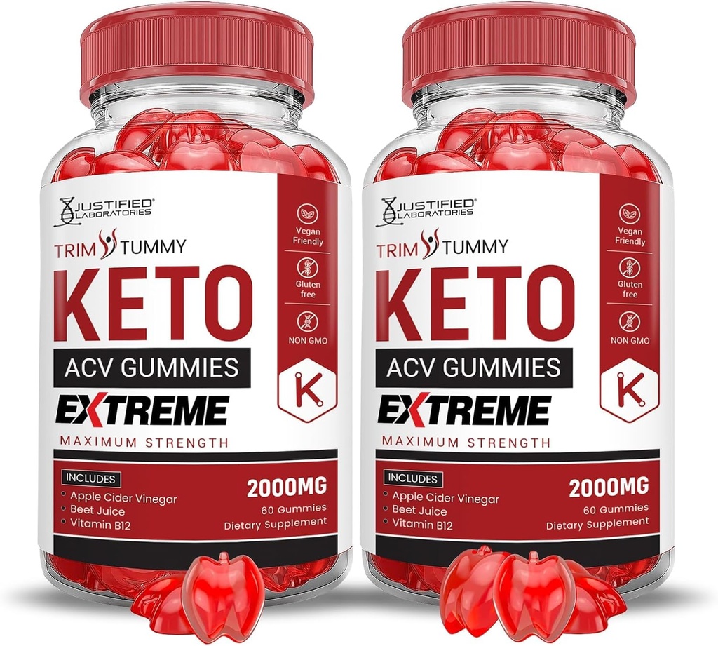 Justified Laboratories (2 Pack Trim Tummy Keto ACV Gummies Extreme 2000MG Trim Tummy Keto Gummies Apple Cider Vinegar Formed with Pomegranate Beet Juice Powder B12 Vegan Non GMO 120 Gummys