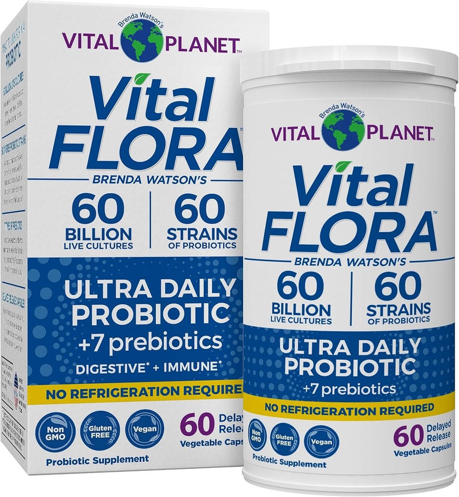 Vital Planet - Vital Flora Ultra Daily Probiotic 60 Billion CFU, 60 Diverse Strains, 7 Organic Prebiotics, Immune Support, Digestive Health Ράφι Σταθερά Προβιοτικά για γυναίκες και άνδρες 60 Κάψουλες