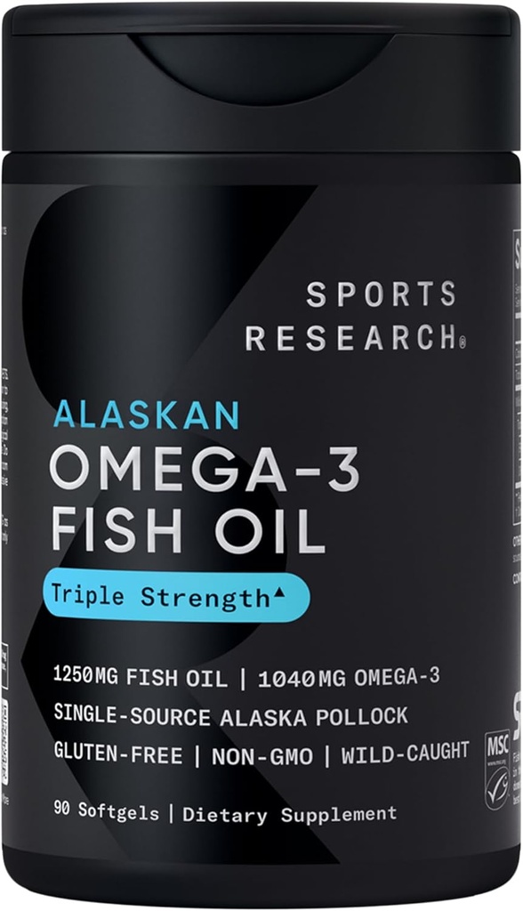 Sports Research Triple Strength Omega 3 Fish Oil - Burpless Fish Oil Supplement w/EPA & DHA Fatty Acids from Single-Source Wild Alaska Pollock - 1250 mg, 90 ct