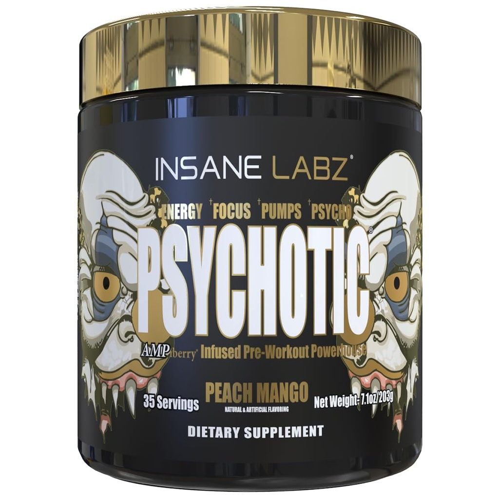 Insane Labz Psychotic Gold, υψηλής διεγερτικής πριν από την προπόνηση σκόνη, ακραία διαρκή ενέργεια, αντλίες και αντοχή με Beta Alanine, DMAE Bitartrate, NO Booster (35 εξυπηρετούν, Ροδάκινο Mango)