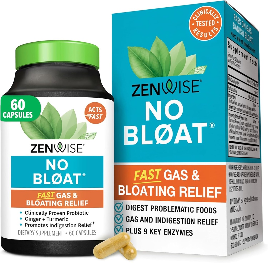 Zenwise Health No Bloat Digestive Enzymes for Gut Health, Gas & Bloating Relief - Multi Enzymes Digestion Supplement with Probiotics, Ginger, Turmeric Dandelion & Lactase - Άνδρες & Γυναίκες - 60 Count