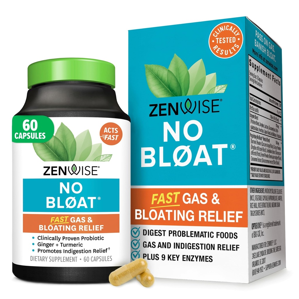 Zenwise Health No Bloat Digestive Enzymes for Gut Health, Gas & Bloating Relief - Multi Enzymes Digestion Supplement with Probiotics, Ginger, Turmeric Dandelion & Lactase - Άνδρες & Γυναίκες - 60 Count