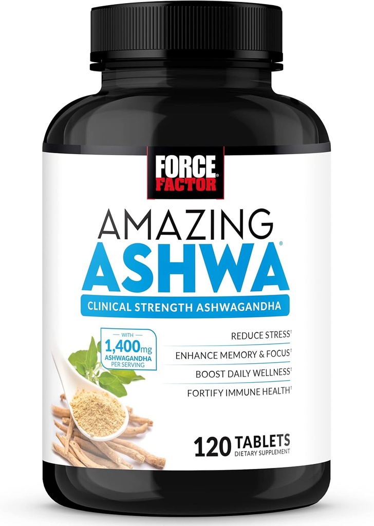 FORCE FACTOR Amazing Ashwa, KSM-66 Ashwagandha Supplement for Stress Relief, Focus, Memory, Immune Support, with Vitamins, Minerals & Antioxidants, Cortisol Supplements for Women, 120 Tablets