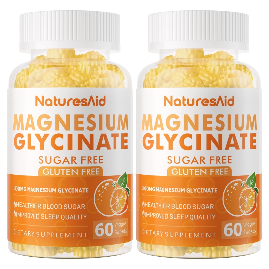 Μαγνήσιο Γλυκινικό Gummies 1000mg - Συμπλήρωμα μαγνησίου χωρίς ζάχαρη με βιταμίνη D, B6, CoQ10 για υποστήριξη ηρεμίας & ύπνου - 120 Orange Gummies -2 Pack