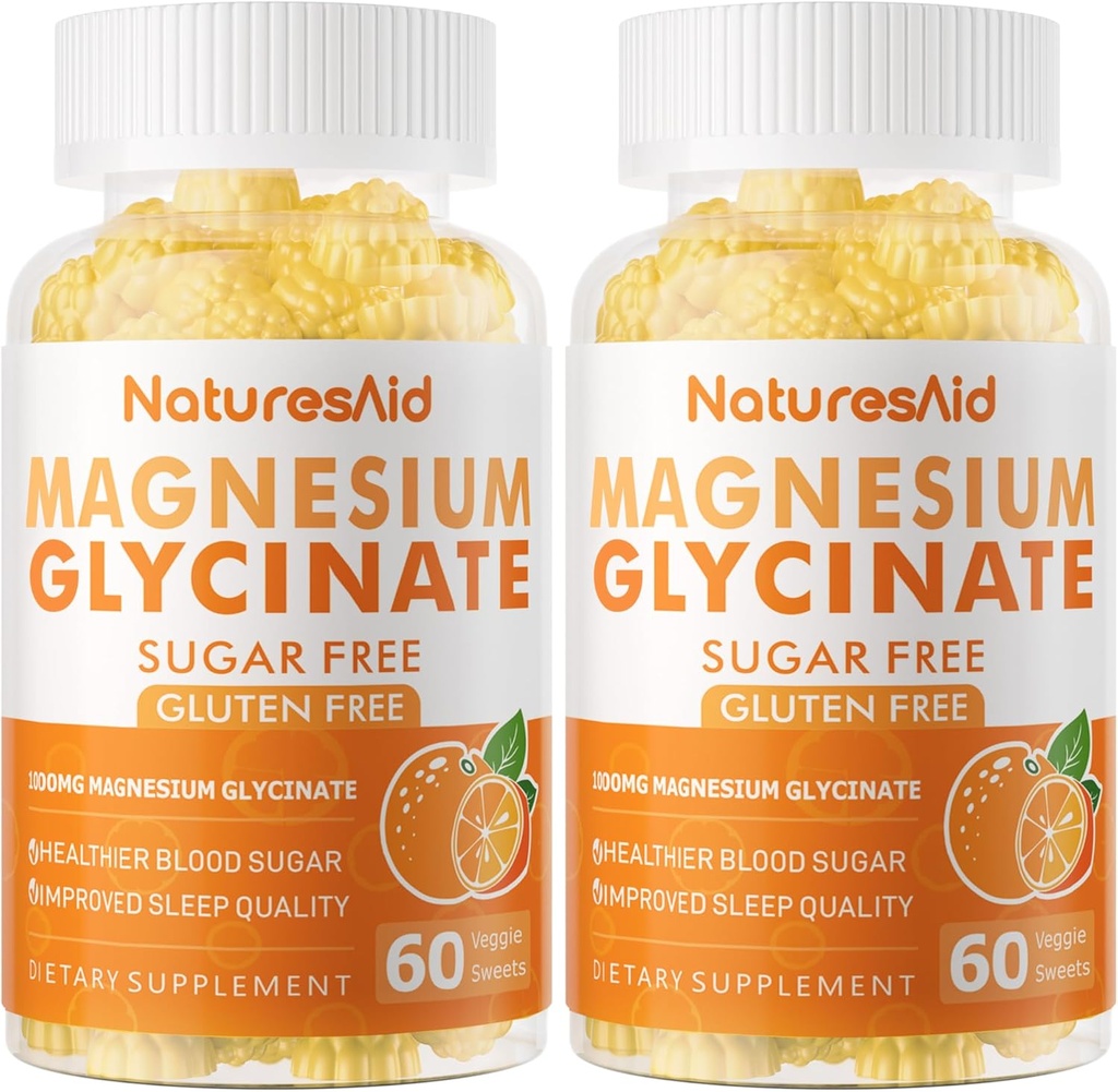 Magnesium Glycinate Gummies 1000mg - Sugar Free Magnesium Potassium Supplement with Vitamin D, B6, CoQ10 for Calm Mood & Sleep Support - 120 Orange Gummies -2 Pack