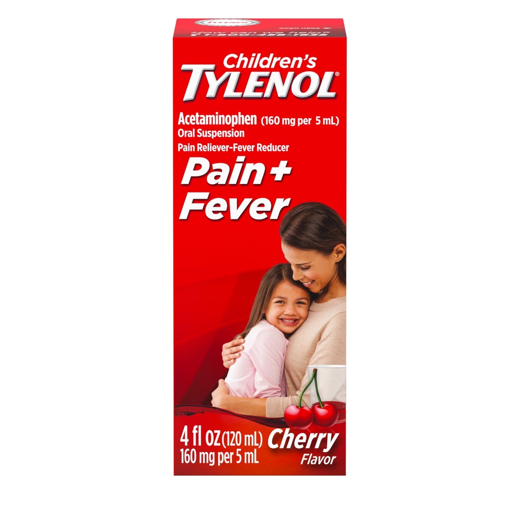 Children's Tylenol Liquid Oral Suspension Medicine, Acetaminophen Pain Reliever & Fever Reducer, Aspirin-, Ibuprofen- & Alcohol-Free, Cherry, 4 Fl. Oz