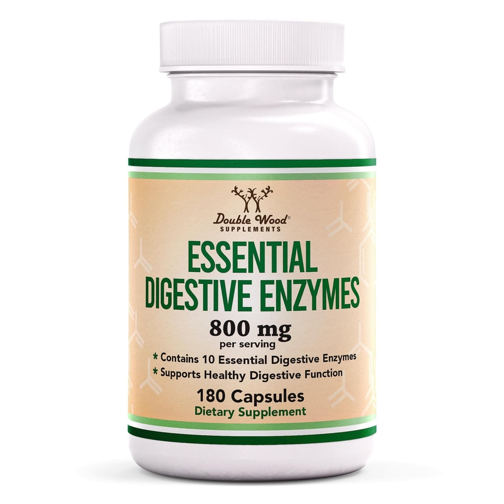 Digestive Enzymes - 800mg Blend of All 10 Most Essential Digestive and Pancreatic Enzymes (Amylase, Lipase, Bromelain, Lactase, Papain, Protease, Cellulase, Maltase, Invertase) by Double Wood