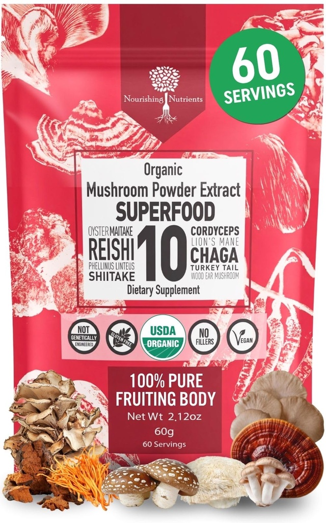 Organic Mushroom Powder Extract -Superfood 10 Συμπλήρωμα 14x Stronger 100% Pure USDA Immunity Booster- Reishi, Chaga, Cordyceps, Shiitake, Lions Mane, Turkey Tail and More. Προσθήκη στον καφέ / Tea 60 γραμμάρια