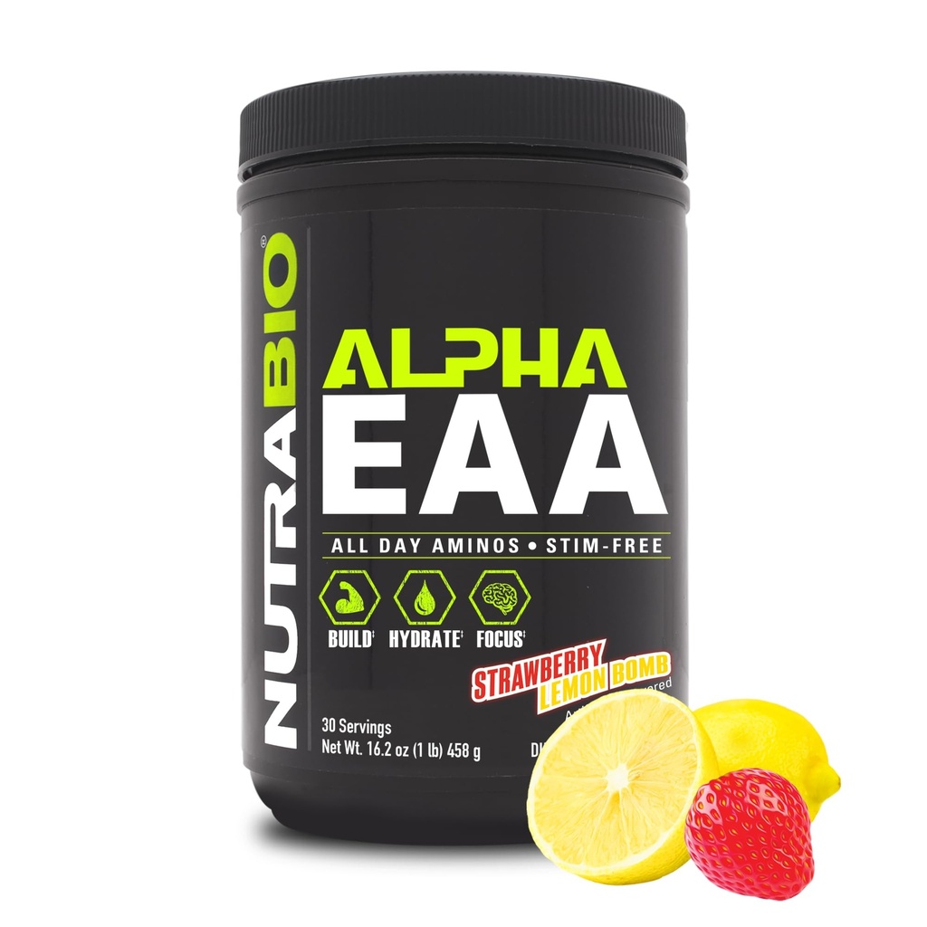 NutraBio Alpha EAA - All-Day Αμινοξέα για την ανάπτυξη των μυών και την ενυδάτωση - Essential Amino Acids with Nootropics & Adaptogens- Full Spectrum EAA BCAA Powder - 30 Servings - Φράουλα Λεμόνι