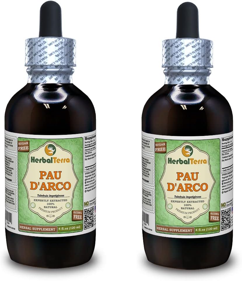 PAU d'arco (Tabebuia Impetiginosa) Glycerite, Dried Bark Alcohol-Free Liquid Extract (Brand Name: HerbalTerra, Proudly Made in USA) 2x4 fl.oz (2x120 ml)