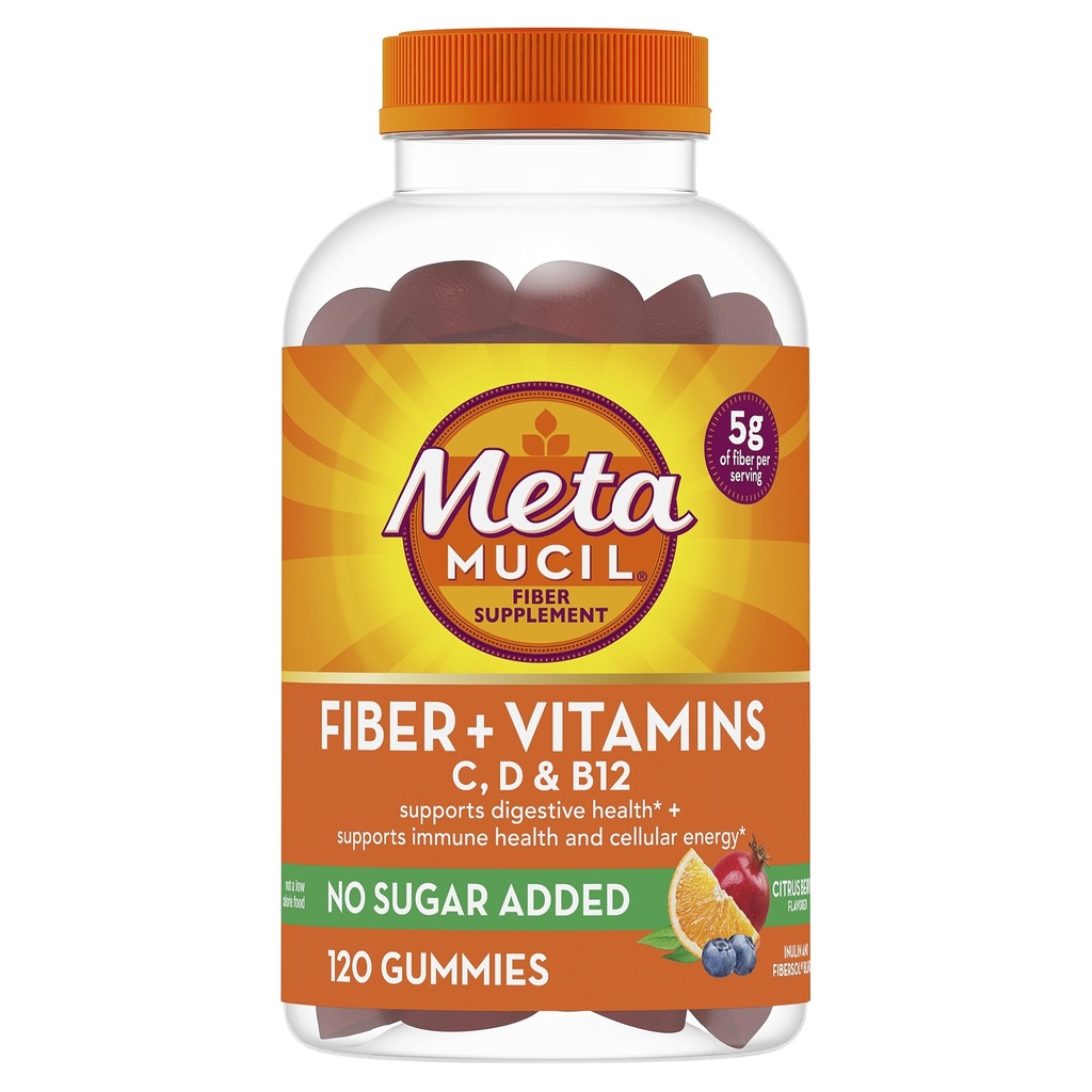 Metamucil Fiber Gummies για Ενήλικες με Βιταμίνες C, D, B12 για Μεταβολισμό, Χωρίς ζάχαρη Προστέθηκε Citrus Berry Flavor, 5g Plant Based Prebiotic Fiber Supplement Blend, 120 Count