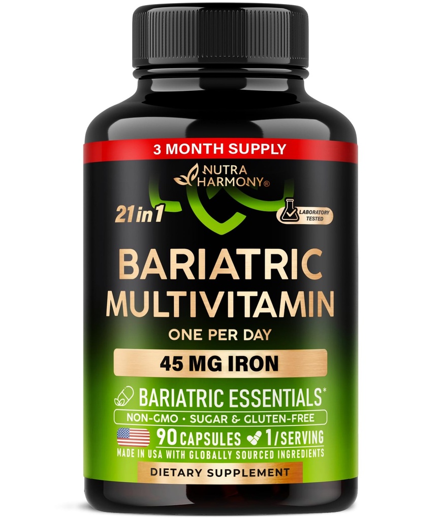 Bariatric Multivitamin - 45 mg Συμπληρώματα σιδήρου - Made in USA - for Women & Men - All-in-One, 21 Essential Vitamins - Gastric Sleeve Support - Χωρίς ζάχαρη, γλουτένη & σόγια - 90 κάψουλες, μία φορά την ημέρα