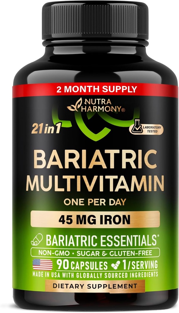 Bariatric Multivitamin - 45 mg Συμπληρώματα σιδήρου - Made in USA - for Women & Men - All-in-One, 21 Essential Vitamins - Gastric Sleeve Support - Χωρίς ζάχαρη, γλουτένη & σόγια - 90 κάψουλες, μία φορά την ημέρα