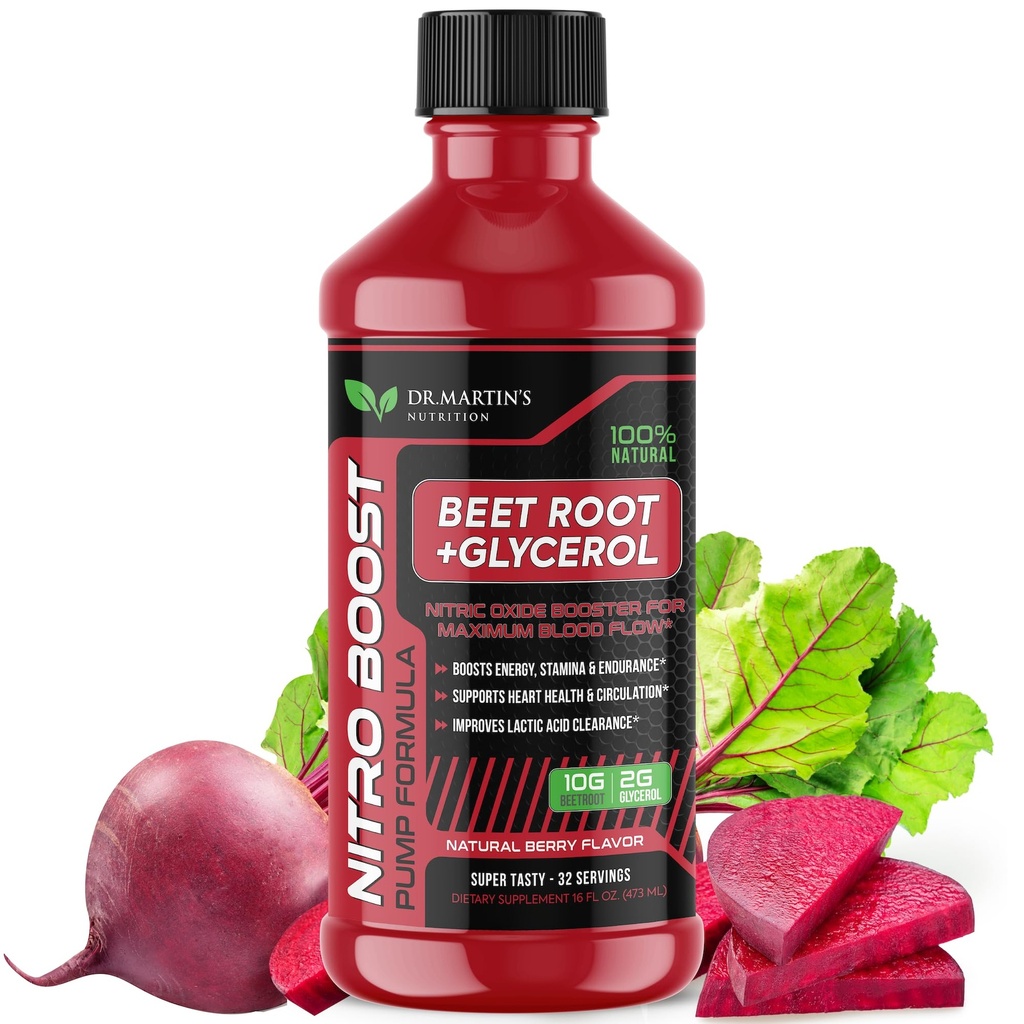 DR. MARTIN'S NUTRITION NitroBet 12,000mg Beet Root + Γλυκερόλη για τη ροή του αίματος, Αντλίες & Αντοχή 