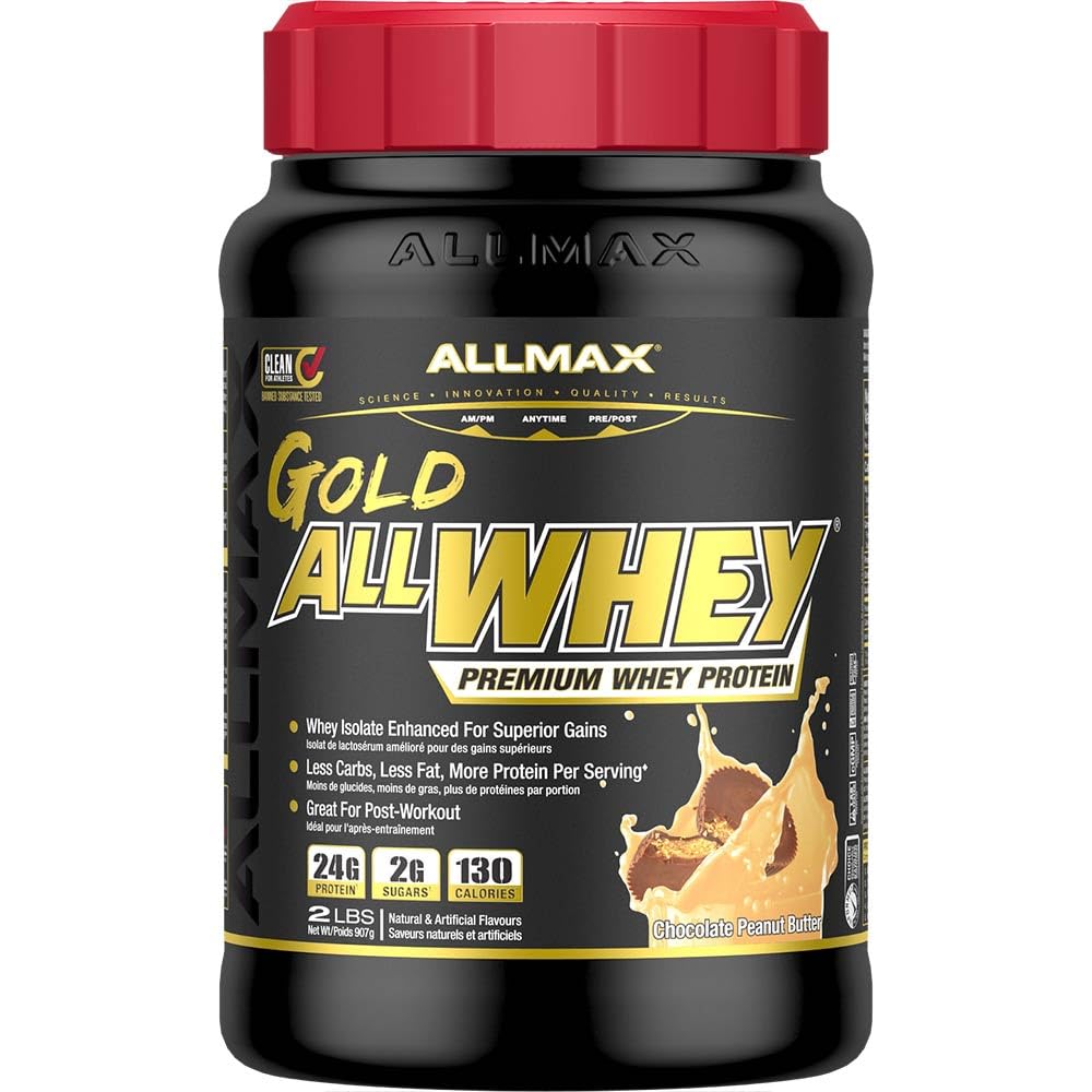 ALLMAX Διατροφή Χρυσό ALLWHEY, Σοκολάτα Φυστικοβούτυρο - 2 lb - 24 γραμμάρια πρωτεΐνης ανά Scoop - Χωρίς γλουτένη, χαμηλή υδατάνθρακες & χαμηλή ζάχαρη - Περίπου 30 σερβιρίσματα