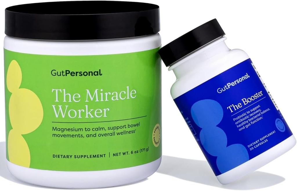 GutPersonal The Gut FixTM Bundle: Το συμπλήρωμα σκόνης μαγνησίου θαυματουργός, Flavor φράουλας, 30 εξυπηρετήσεις + το Booster στοχοθετημένο προβιοτικό, κάψουλα, 60 υπηρεσίες