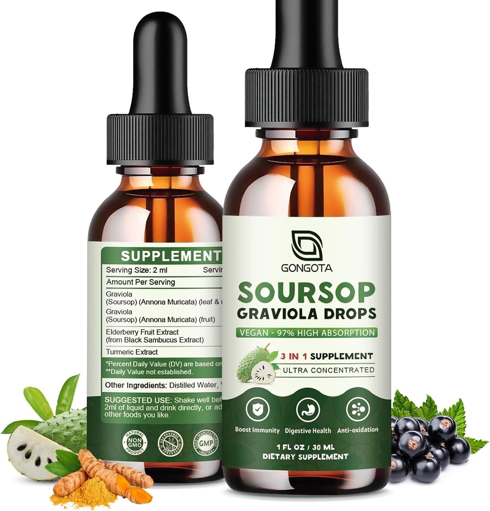 Soursop Graviola Leaf Extract Drops for Cellular Support, Antioxidant, Liver, Digestive Support, Vegan Soursop Bitters Drops, Herbal Essence, Sugar Free/Gluten Free, Natural Flavor - 2 fl oz