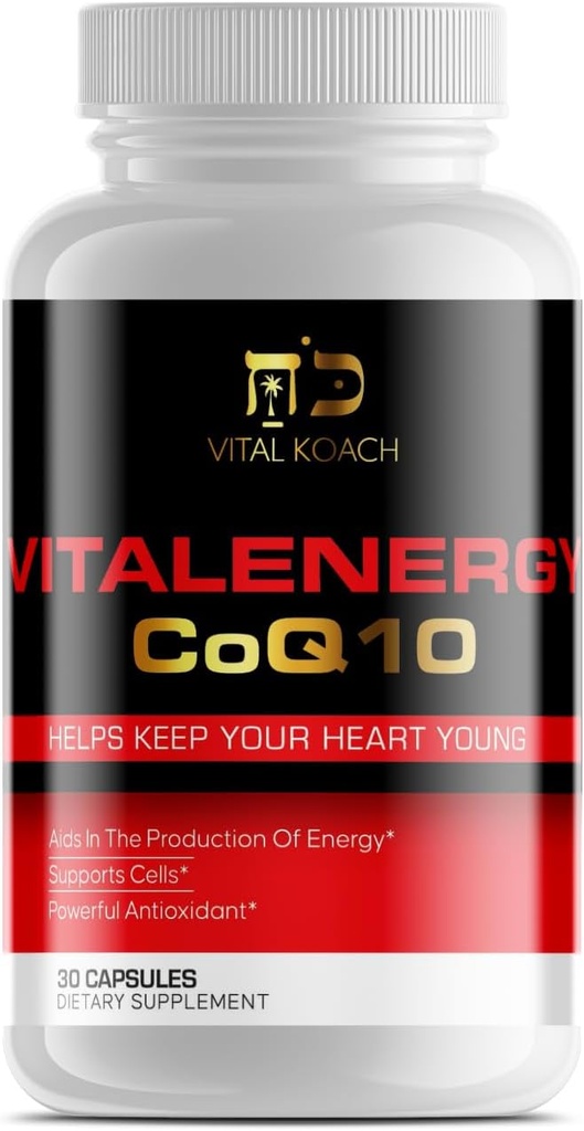Vitalenergy CoQ10 Ubiquinone 200mg, 30 Capsules, Supports Cardiovascular Health, Cellular Energy Production, and Antioxidant, White/Red/Black