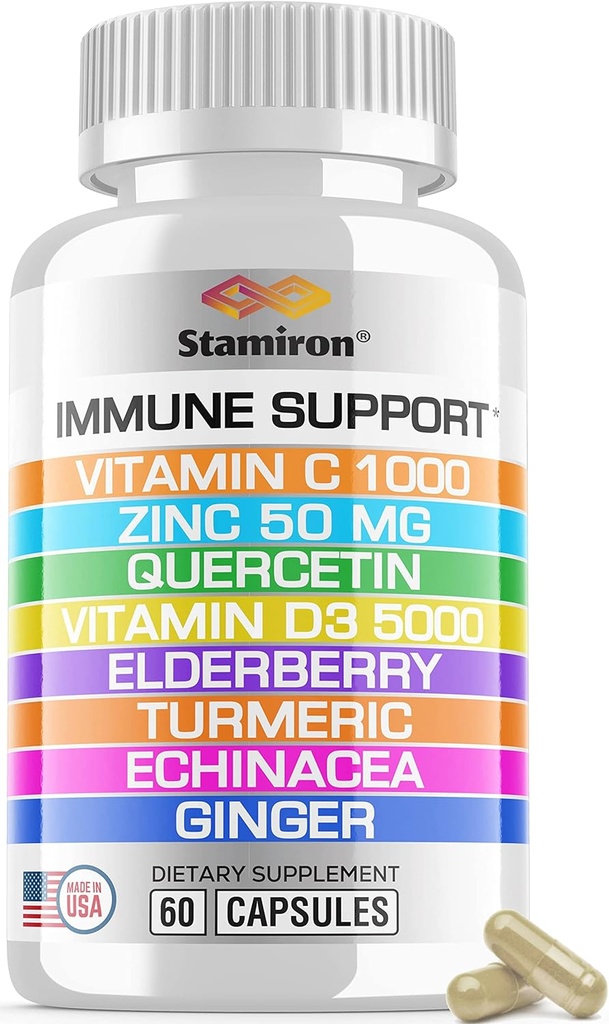 8 σε 1 Ανοσοποιητική Υποστήριξη με Quercetin Zinc 50mg Βιταμίνη C 1000mg Βιταμίνη D3 5000 IU και Elderberry Echinacea Ginger για Ενήλικες Παιδιά - VIT D συμπλήρωμα κάψουλες Veg
