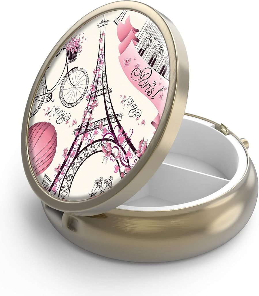 Χάπια κασετίνα με καθρέφτη Retro 3 Διαμέρισμα μικρή θήκη χαπιών για το πορτοφόλι ή Pocket Χάλκινο μικρό Rud Pill Box ή βιταμίνες, ιχθυέλαιο, συμπληρώματα, Pill Containe Travel Gifts (Πύργος του Παρισιού Άιφελ)