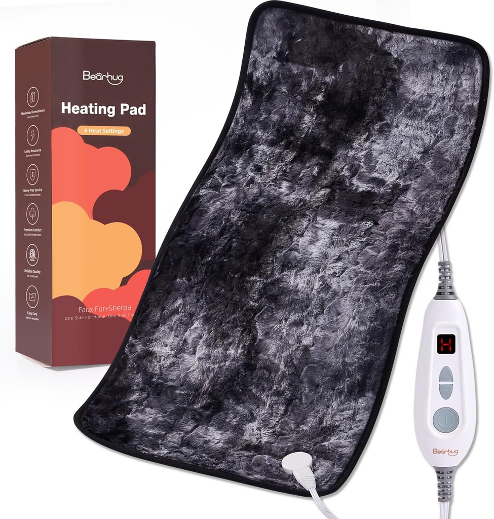 Bearhug XXL Ηλεκτρικό θερμαινόμενο Pad 17''x33'' Διπλό Επιπεδούμενο Faux Fur Θέρμανση Pad, 6 Επίπεδα θερμότητας, 2 ώρες Auto-off, Υγρή & Ξηρή Θερμοθεραπεία για την ανακούφιση του πόνου στην πλάτη, Πλύσιμο μηχανής, ETEL Πιστοποιημένο - Κουτί δώρων