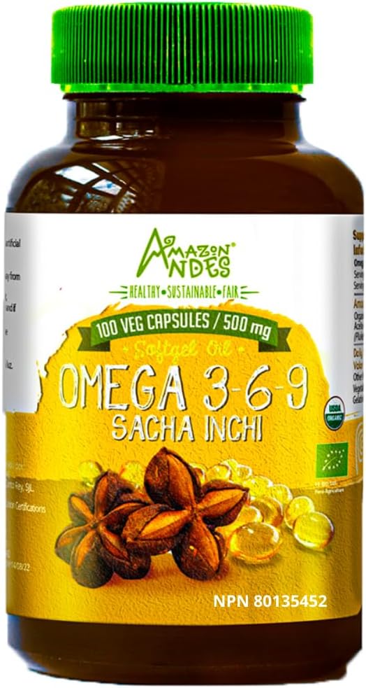Andes Sacha Inchi Oil Capses - Πηγή ομάζων 3, 6 και 9 - Υγιέστερη Πηγή Απαραίτητων Λιπαρά Οξέων - Vegan, Non-GMO, Allergen-free & Gluten Free - 100 χάπια Softgel (500mg) - Κατασκευασμένο στο Περού
