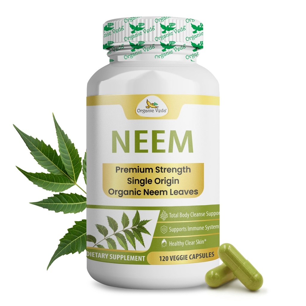 Βιολογικές κάψουλες Veda Neem, 1000mg - Βιολογικό συμπλήρωμα βοτάνων Made with Ayurvedic India Neem Leaf Powder - Supports Radiant Skin, Immune, Detox, Healthy Inflamatory Response - 120 Veggie Caps