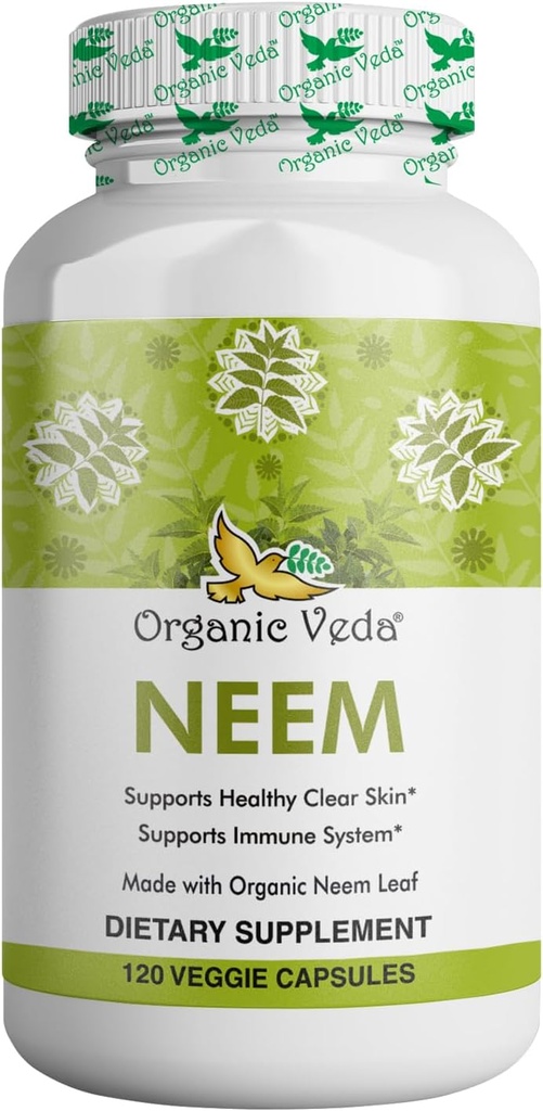 Organic Veda Neem Capsules, 1000mg - Organic Herbal Supplement Made with Ayurvedic India Neem Leaf Powder - Supports Radiant Skin, Immune, Detox, Healthy Inflammatory Response - 120 Veggie Capsules