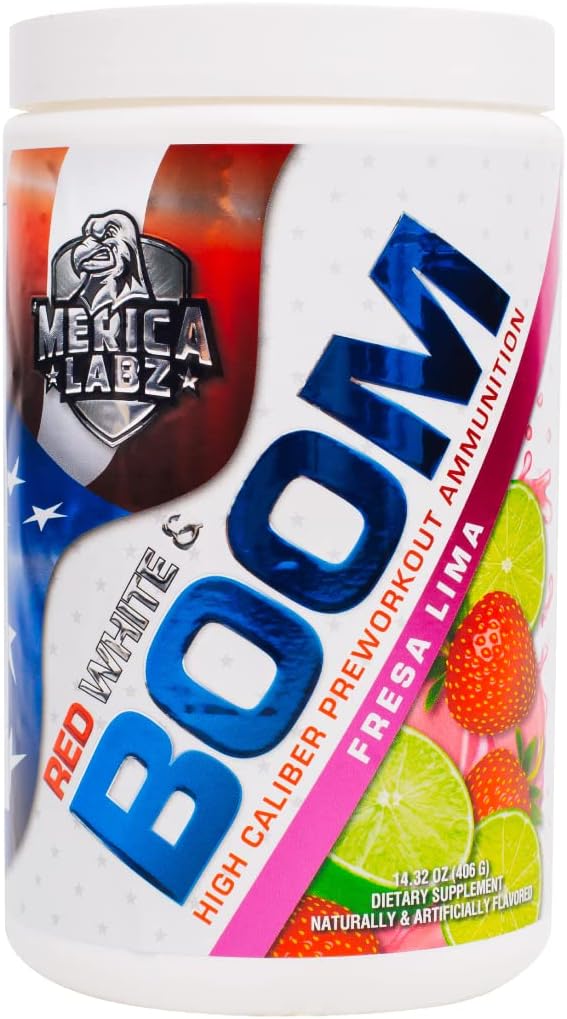 'Merica Labz Κόκκινο, λευκό, και Boom, High Caliber Προεργασία με VasoDrive-AP®, 350mg καφεΐνη, Max ενέργεια, αντλία και εστίαση, αυξημένη ροή αίματος και όγκο μυών, 20 υπηρεσίες (Fresa Λίμα)