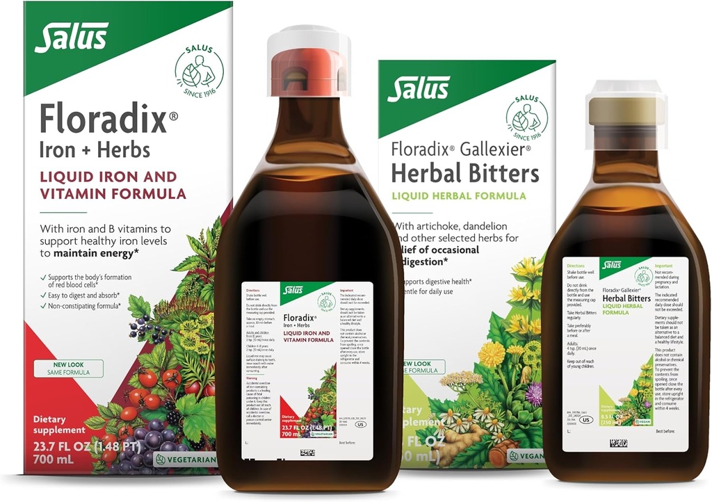 Floradix by Salus Gallexier Herbal Bitters (8.5 oz) & Iron & Herbs (23.7 oz) Bundle - Βότανο Πικάντικη για την υποστήριξη Digestive* - Συμπλήρωμα σιδήρου για την υγιή ενεργειακή υποστήριξη*