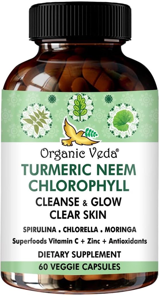 Organic Veda Turmeric Neem Chlorophyl, Λαμπερό σαφές δέρμα, συμπλήρωμα ακμής, Υγεία κόκκων & Σύνολο καθαρισμού σώματος - Πράσινα Αντιοξειδωτικά, Spirulina, Chlorella, Moringa, Βιταμίνη C & ψευδάργυρος - 60 κάψουλες