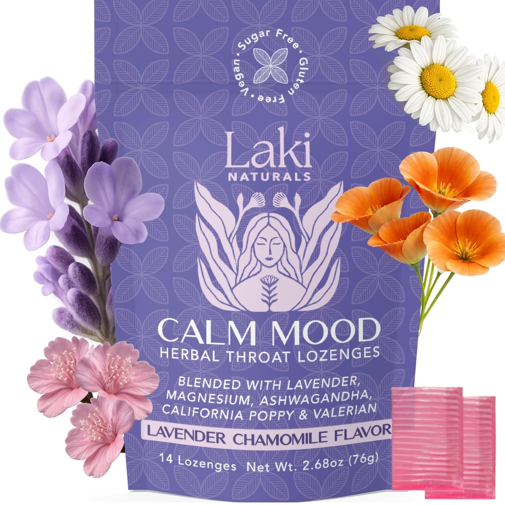 Laki Naturals Lavender Chamomile Calm Mood Functional Herbal Lozenges (14ct) Throat & Calming Hard Candies with Magnesium, Ashwagandha, California Poppy & Valerian. Vegan, Sugar Free, Gluten Free