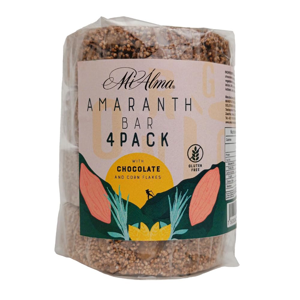 Mi Alma, 4 BAR PACK Amaranth Bar με σοκολάτα και νιφάδες καλαμποκιού PREMIUM, Barra de Amaranto con Chocolate, Super Food, Gluten Free, Healthy Snack, 8.4 oz