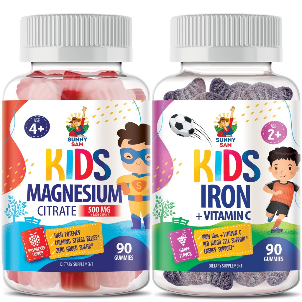 SUNNY SAM Iron Gummies for Kids & Magnesium Gummies for Kids & Adults - 500mg - Ήρεμη Μάσημα Μαγνησίου - Μαγνήσιο Κιτρικό Μασώμενα συμπλήρωμα για Mood & Muscle Support