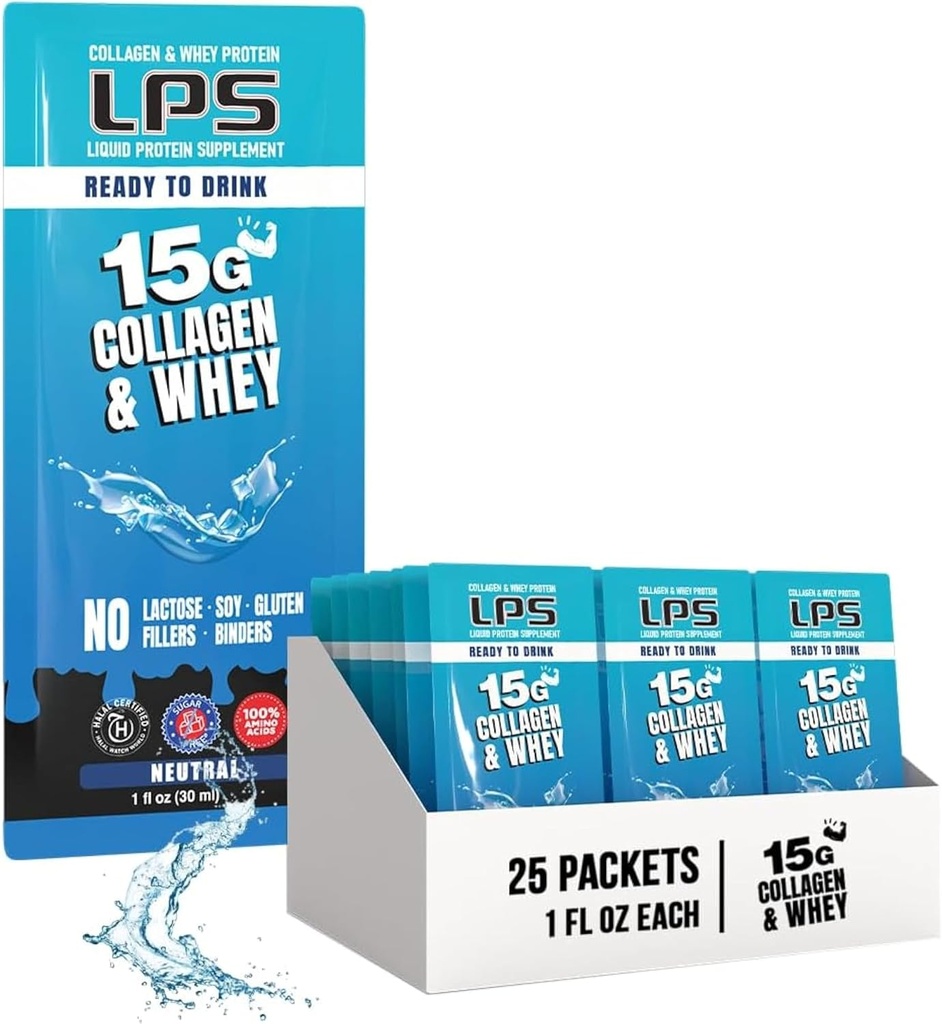 LPS Liquid Collagen & Whey Protein Supplement - Μη-GMO Drink, Sugar-Free - Προάγει το υγιές δέρμα & τα μαλλιά για άνδρες & γυναίκες, Ουδέτερη, Ενιαία Σερβίρισμα (25 πακέτα)