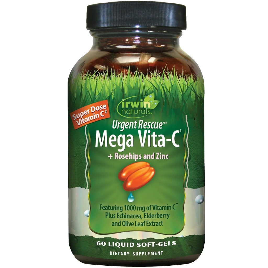 Irwin Naturals Επείγουσα Διάσωση Mega Vita-C - 60 Liquid Softgels - 1.000 mg Βιταμίνης C - Ανοσοποιητικό συμπλήρωμα υποστήριξης με Rosehips και ψευδάργυρο