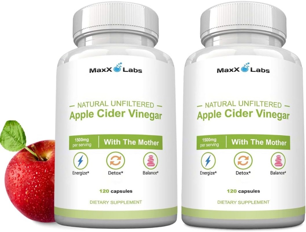 Raw Apple Cider Vinegar Capsules with Mother, 1500mg ACV Pills - Boost Energy, Support Immunity & Digestion & Weight Management for Women & Men - 2 Pack