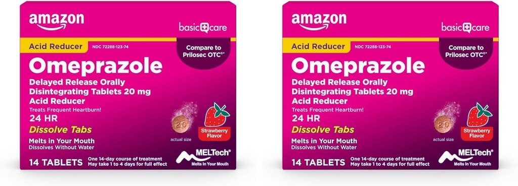   Basic Care Omeprazole Delayed Release Orally Disintegrating Tablets, 20 mg, Acid Reducer, Strawberry Flavor, 14 Count (Pack of 2)