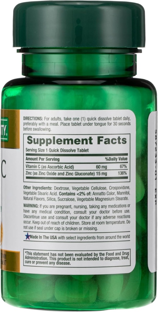 Nature's Bounty, Vitamin C + Zinc, Υποστηρίζει την Ανοσολογική Υγεία, Συμπλήρωμα Βιταμίνης, 60 mg, 60 δισκία (πακέτο του 2)