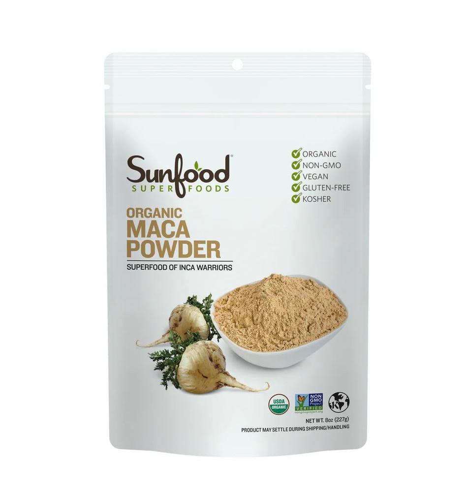 Sunfood Superfoods Βιολογικό Maca σκόνη για άνδρες και γυναίκες - Maca σκόνη ρίζας οργανική με προσαρμογόνα, χρήση σε smoothies & άλλες συνταγές, Περού, Vegan - 8 Oz τσάντα