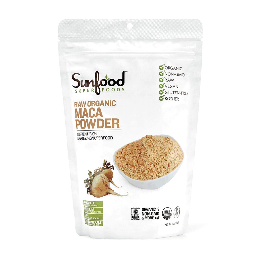Sunfood Superfoods Organic Maca Powder Supplement for Men & Women - Maca Root Powder Organic with Adaptogens, Περουβιανή, Ακατέργαστη, Vegan - 8 Oz Bag