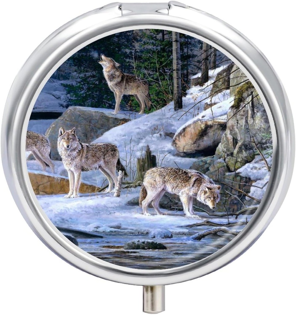 Μικρό ταξιδιωτικό κασετίνα χάπι, στρογγυλό μεταλλικό κουτί χάπι για το πορτοφόλι τσέπης, 3 διαμέρισμα φορητή θήκη χάπι, Mini Pill Organizer για το ταξίδι ή καθημερινά - Wolf