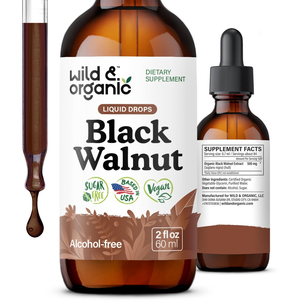 Wild & Organic Black Walnut Tincture - Καθαρίστε το Detox με Black Walnut Hull Extract - Βότανο συμπλήρωμα για Gut Detox Cleanse και Digestive Well-Being - Vegan, Ζάχαρη & Αλκοόλ - 2 fl oz