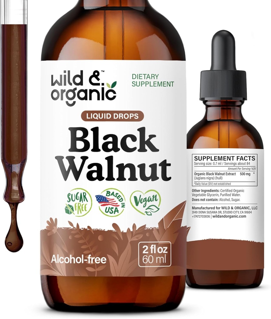 Wild & Organic Black Walnut Tincture - Cleanse Detox with Black Walnut Hull Extract - Herbal Supplement for Gut Detox Cleanse and Digestive Well-Being - Vegan, Sugar & Alcohol-Free - 2 fl oz