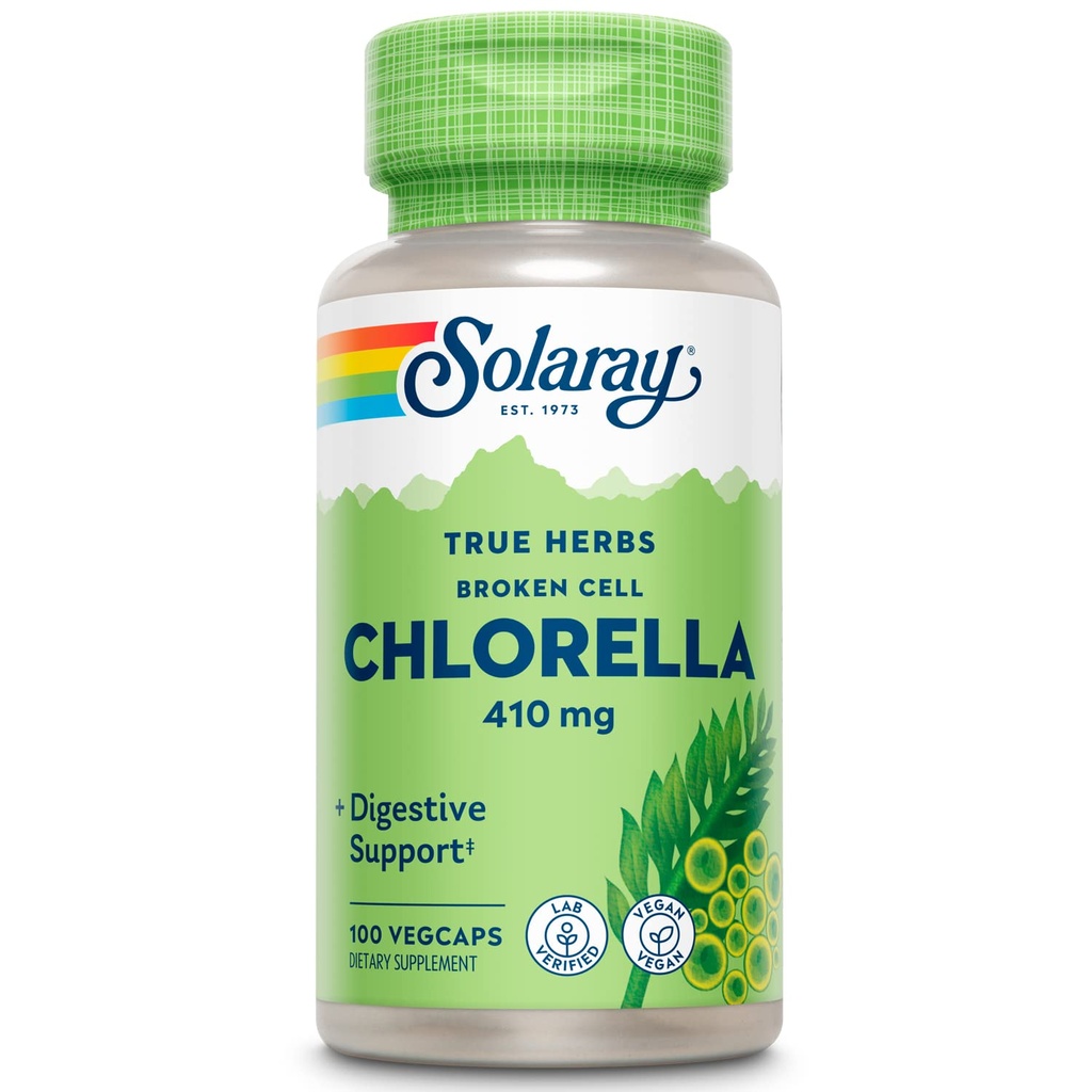 SOLARAY Broken Cell Chlorella 410 mg | Nutrient-Rich Superfood w/Naturally Occurring Protein, Vitamins, Minerals, Chlorophyll | Non-GMO | 100 VegCaps