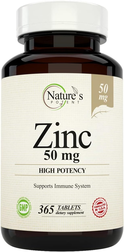 Nature's Poent Zinc 50 mg, Immune Support Supplement - Υψηλή Ικανότητα για Μέγιστη Ανοσοποιητική & Αντιοξειδωτική Υγεία - Κατασκευάζεται στις ΗΠΑ από Φυσικό Οξειδωτικό Ψευδάργυρο - 365 Tablets (1 Έτος Προμήθειας)
