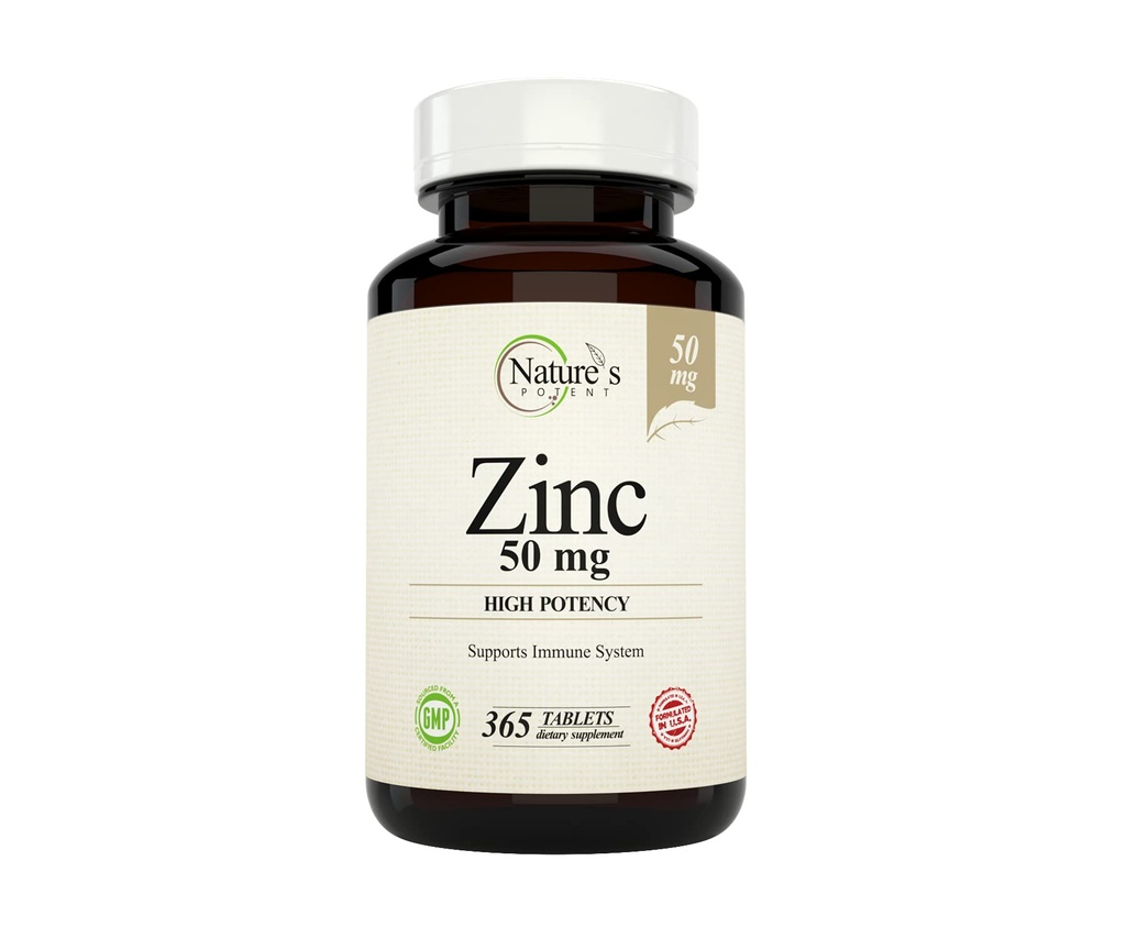 Nature's Potent Zinc 50 mg, Immune Support Supplement - High Potency for Maximum Immune & Antioxidant Health - Made in USA from Natural Zinc Oxide - 365 Tablets (1 Year Supply)