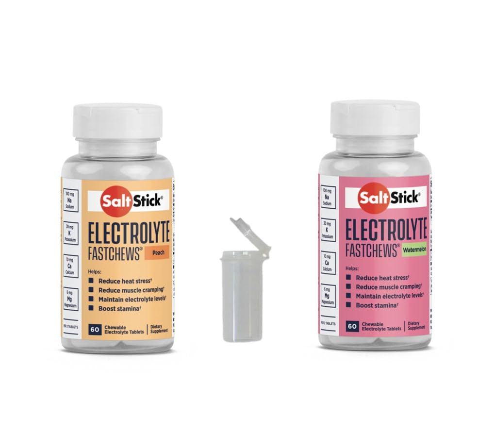 SaltStick FASTCHEWS® Variety 2-Pack - 60 μπουκάλια με Peachάκινο & Καρπούζι με τον αγώνα έτοιμο σωλήνα