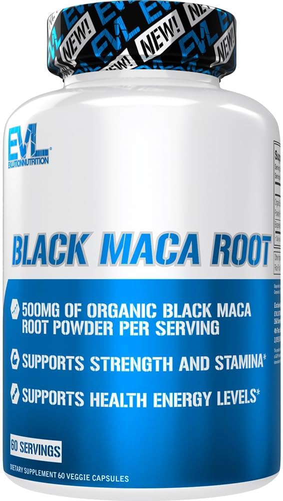 Evlution Nutrition Black Maca Root - Ενεργειακή Υποστήριξη - 500mg Βιολογική Μαύρο Maca Root Powder - Συμπλήρωμα προπόνησης - Κτηνοτροφικές κάψουλες - για την απόδοση δύναμης & Stamina - 60 εξυπηρετήσεις