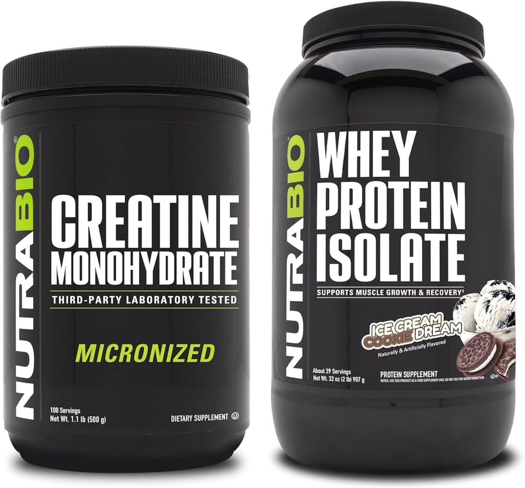 NutraBio Creatine Monohydrate, Unflavoured, 500g και Whey Protein Isolate, Ice Cream Cookie Dream, συμπλήρωμα Bundle - μυϊκή ενέργεια, Lean μυϊκή ανάπτυξη, ανάκτηση, και δύναμη